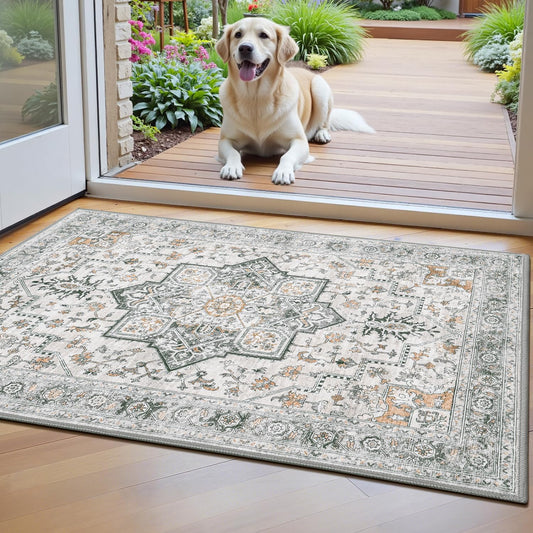 Lessymo Washable 2×3 Small Area Rugs for Entryway Bathroom, Soft Kitchen Rug Non-Slip Carpet Indoor Door Mat for Floor, Vintage Boho Low Pile Rugs for Entry Bedroom Nursery Home, Grey/Brown