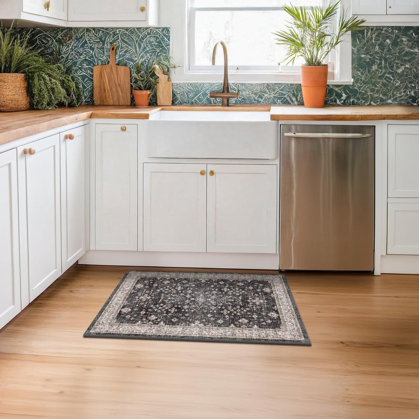 Black Washable Entry Rug, 2x3 Small Rugs for Entryway Kitchen Bathroom Door Mat Indoor Entrance, Non Slip Rubber Backing, Stain & Fade Resistant, Ashen Charcoal Floral Farmhouse Decor